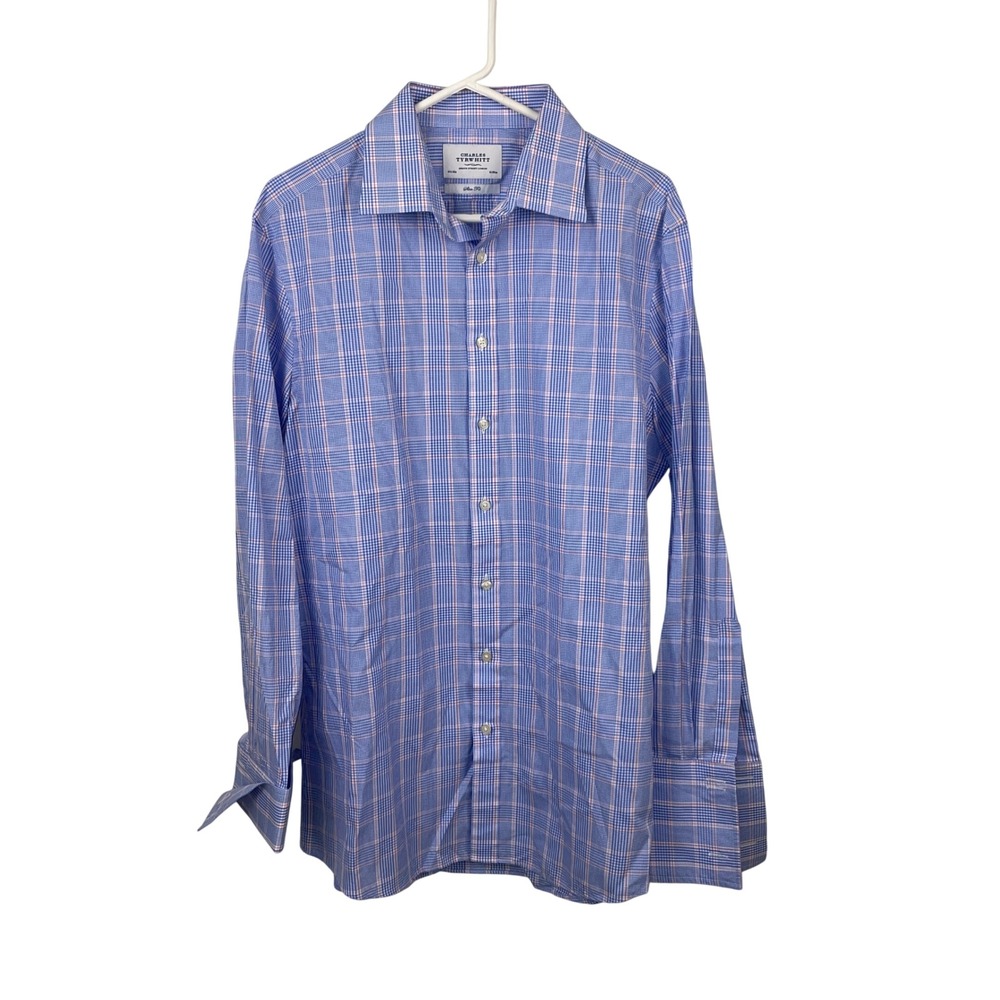 Charles Tyrwhitt Slim Fit Check Dress Shirt Blue Pink 16.5 35 French Cuff Cotton